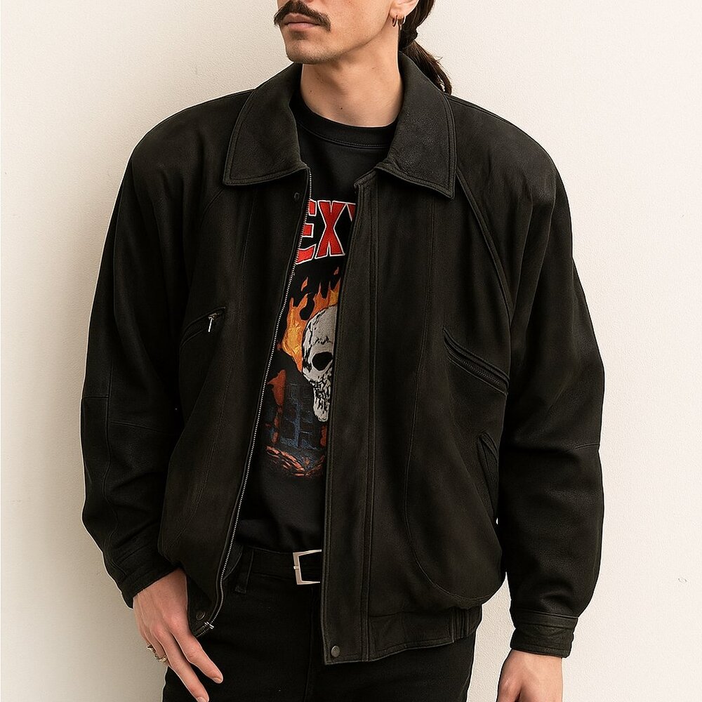 Vintage J.G. Hook Men’s Black Leather Bomber Jacket Retro Rocker Moto Oversized